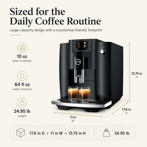 Straight Up Game Changing Automatic Espresso Machine With 2.8 Inch Color Display And Easy Cappuccino Function In Piano Black, 11x17.6x13.75 inches design.