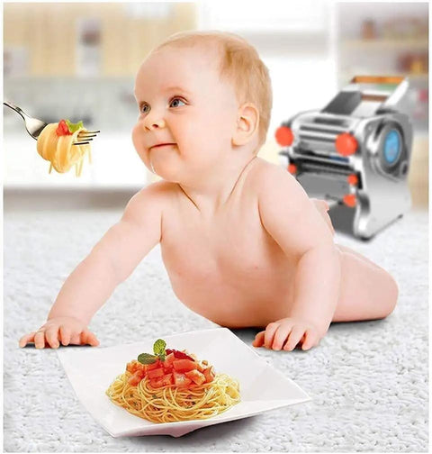 Top Shelf Stainless Steel Electric Noodle Machine Bringing Fresh Pasta Game To Your Counter with baby and spaghetti plate.