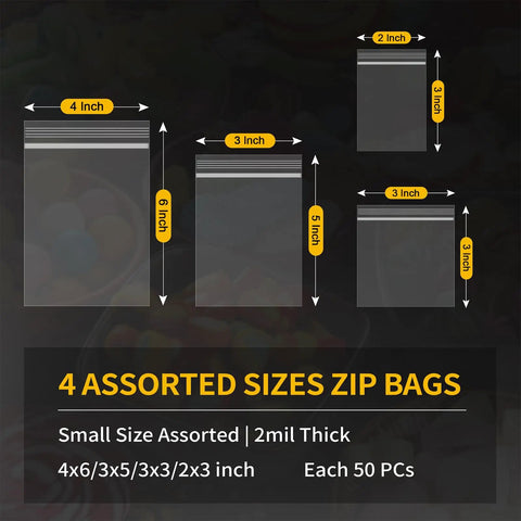 Clear Mini Baggies Pack Of 200 Resealable Plastic Bags For Jewelry Beads Crafts And Small Parts, Assorted Sizes Diagram