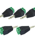5 Pack 1 8 Inch Ts Mono Male Audio Plug Adapters 3 5Mm Gold Plated Copper Jacks No Solder DIY connectors with green terminals.
