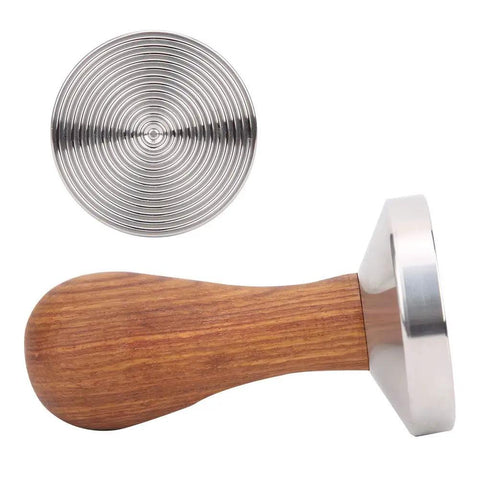 58mm Stainless Steel Coffee Tamper With Wooden Handle showing circular base and side view of handle.