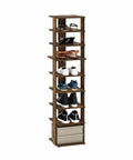 Nine Tier Slim Vertical Shoe Rack For Small Spaces Free Standing Narrow Organizer holds shoes in compact tall wooden shelves.