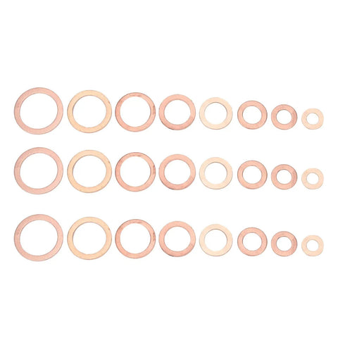 120 Piece Premium Red Copper Washers Assortment Kit Includes Tough Flat Gaskets For Sealing Oil Pan Plugs Fuel Lines Hydraulic Connections With Storage Box Organizer For Easy Access And High Thermal Conductivity Works Wicked Well Under Pressure. red copper washers assortment in eight sizes