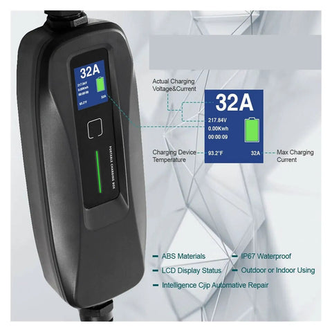 Portable Level 2 EV Charger 32 Amp With 21 Ft Cable 14-50 Outlet, Smart Temperature Control display features
