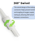 White plastic oxygen tubing swivel connector with barbed ends for cannula or tube, 360-degree rotation.