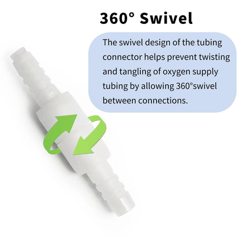 White plastic oxygen tubing swivel connector with barbed ends for cannula or tube, 360-degree rotation.
