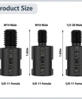 Top Shelf 3 Piece Angle Grinder Thread Adapter Set Swaps Five Eighth Inch 11 Threads For M10 M14 And One Half Twenty Unc showing sizes and threading.