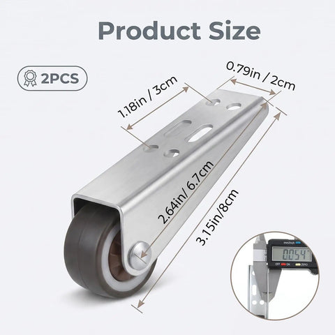 Product size dimensions of Two Pack Low Profile Rubber Casters Smooth Roll Door Support Wheels Side Mount Furniture Gliders.