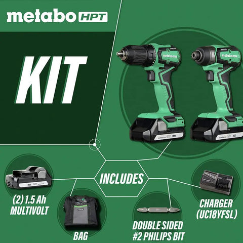 Cordless 18V Drill And Impact Driver Combo Kit With Sub Compact Design, Brushless Motors, Lithium Ion Batteries, Accessories Shown