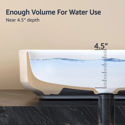 Cross-section view of Rectangular Bathroom Vessel Sink, Above Counter Top Mount, Porcelain Ceramic, Glossy White, 19.7 x 15.2 x 5.4 Inches, Thick Glaze Finish, Sleek Countertop Basin For Modern Powder Room Or Master Bath showing water depth near 4.5 inches.