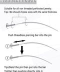Diagram showing Six-Piece 18G Titanium Curved Piercing Taper Insertion Pins for threading push-in jewelry.