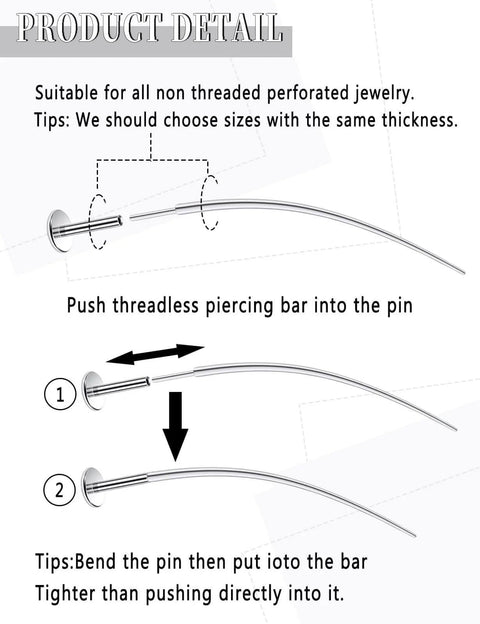 Diagram showing Six-Piece 18G Titanium Curved Piercing Taper Insertion Pins for threading push-in jewelry.