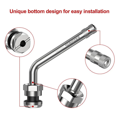 Heavy Duty 60 Degree Bend Truck Tire Valve Stems Pack Of 10 For 22.5 Inch And 24.5 Inch Aluminum Wheels With 9.7mm Valve Holes 200 PSI Max Nickel Plated Brass Stem Nut Cap EPDM Gasket 100 Percent Leak Tested with unique bottom design.