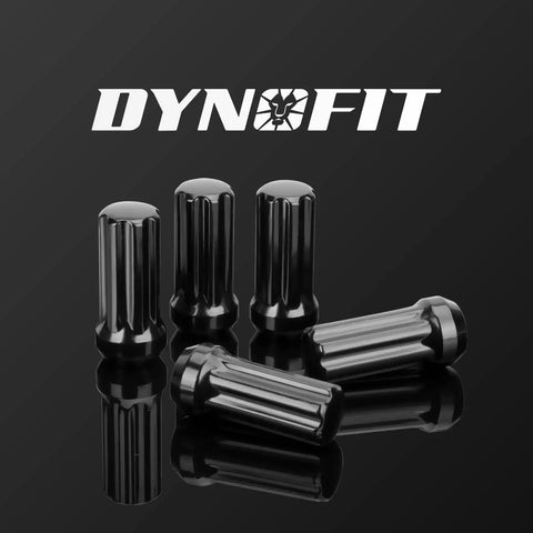 Five black spline lug nuts with reflection, part of 24 Piece Black Spline Lug Nut Set For Chevy Silverado 1500 GMC Sierra Ford F150 2015 To 2024 M14x1.5 60 Degree Seat Includes Socket Key For Most Aftermarket Wheels