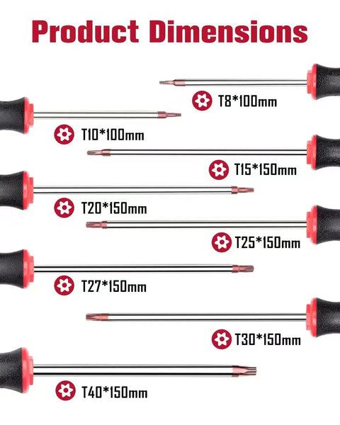 8 Piece Magnetic Torx Screwdriver Set With Red Tips T8 To T40, S2 Steel Construction, showing screwdriver sizes and dimensions.