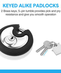10 Pack 70 mm Keyed Alike Disc Padlocks Outdoor Round Stainless Steel Tough Built To Last With Keys For Storage Units Sheds Garages Fences Rubber Bumper Sheath Black, featuring one padlock and two keys.