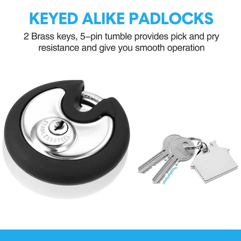 10 Pack 70 mm Keyed Alike Disc Padlocks Outdoor Round Stainless Steel Tough Built To Last With Keys For Storage Units Sheds Garages Fences Rubber Bumper Sheath Black, featuring one padlock and two keys.