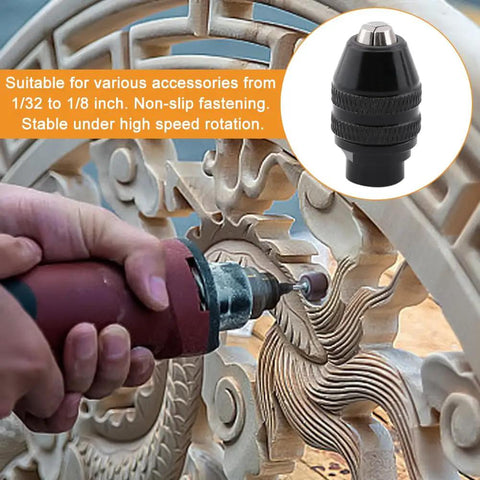 Using All In One Keyless Drill Chuck Collet Set For Rotary Tools 1/32 To 1/8 Inch on carving; close-up of drill and chuck in action