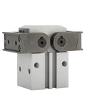 Top Shelf Heavy Duty Pneumatic Finger Cylinder Featuring A Smooth 180 Degree Swing Arm For No Sweat On Off Control Quick Mount And Solid Mechanical Block, gray aluminum actuator.