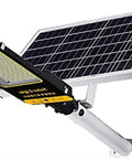 JUDYSSY Solar Street Lights Outdoor Lamp, Dusk to Dawn Security Led Flood Light with solar panel, mounted on a pole.