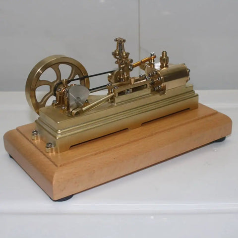 Mini Retro Horizontal Steam Engine Model Kit With Dope Brass Construction Reciprocating Double Acting Cylinder Flyball Speed Reducer Educational Experiment Set Desktop Decor For Adults on wooden base