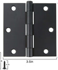 Matte Black 3.5 Inch Door Hinges Set with square corners, heavy duty design, includes screws, shown with dimensions and size details.
