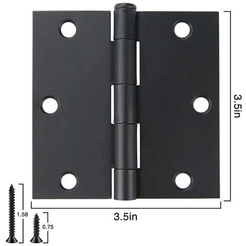 Matte Black 3.5 Inch Door Hinges Set with square corners, heavy duty design, includes screws, shown with dimensions and size details.