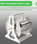 Heavy Duty Stainless Steel Hose Reel Cart With Wall Mount And Forty Meter Irrigation Pipe Built Tough For Backyard Tasks, close-up of the reel.