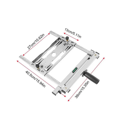 Machining vise with stainless steel frame, built-in ruler scales and hand crank; angled top view