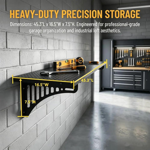 Heavy Duty Garage Wall Shelves Set Four Pack 1.4 X 4 Ft Black Metal With Hooks For Tools Storage Rugged Steel Wall Organizer Racks To Free Floor Space And Keep Your Workshop Neat. wall shelf on garage brick wall, 45.3 x 16.5 x 7.5 in black metal