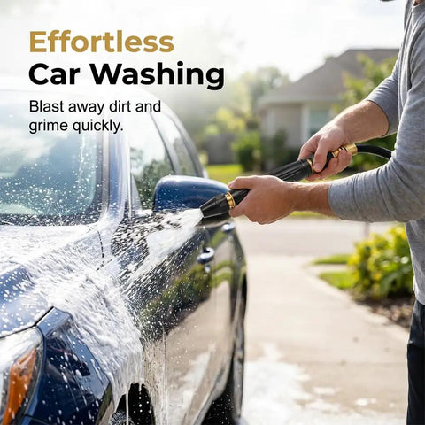 Adjustable High Pressure Hose Nozzle With Connector Set For Car Wash And Outdoor Cleanup in use on blue vehicle