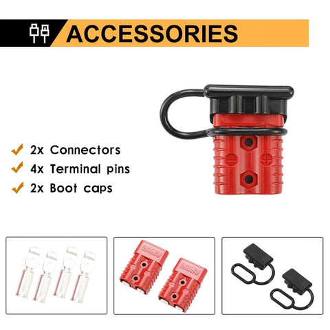 1/0 AWG Battery Quick Connect Wire Harness Kit 175A Red 2 Pcs Plugs For Winch Auto Car Trailer And Electrical Devices Quick Connect Disconnect Plug Set Plug And Play - image showing connectors, terminal pins, and boot caps.