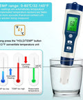5 In 1 Water Tester With 0.01 High Accuracy PH TDS EC Salt And Temp Meter immersed in glass showing digital display.