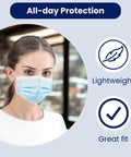 Straight Up Super Comfy Blue Disposable Face Masks Made In Usa Medical Grade 3 Ply Astm Level 1 Filtered Ear Loops 50 Pack worn by woman showcasing great fit.