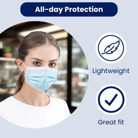 Straight Up Super Comfy Blue Disposable Face Masks Made In Usa Medical Grade 3 Ply Astm Level 1 Filtered Ear Loops 50 Pack worn by woman showcasing great fit.