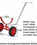 Heavy Duty Pipe Dolly Two Piece Roller Cart For Steel And Fire Pipes With 2200 Pound Capacity, red cart with large wheels and curved frame.
