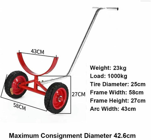 Heavy Duty Pipe Dolly Two Piece Roller Cart For Steel And Fire Pipes With 2200 Pound Capacity, red cart with large wheels and curved frame.