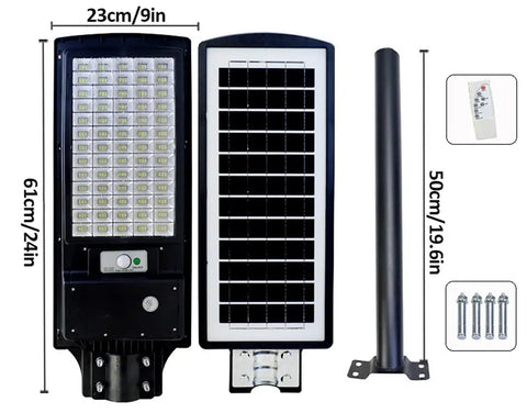 JUDYSSY 150W Solar Street Light, LED Solar Flood Light with remote, solar panel and pole, dimensions 23cm x 61cm