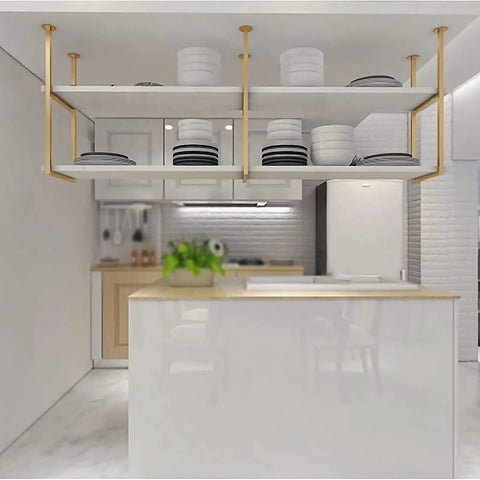Ridiculously Strong Ceiling Mount Shelf Brackets Heavy Duty Floating Bracket Supports 11.8 By 43.3 Inches in modern kitchen holding dishes.