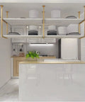 Heavy Duty Ceiling Mount Floating Shelf Bracket Hella Strong Metal Hanging Support Smooth Install Kit For Kitchen Bar Living Room with dishes.