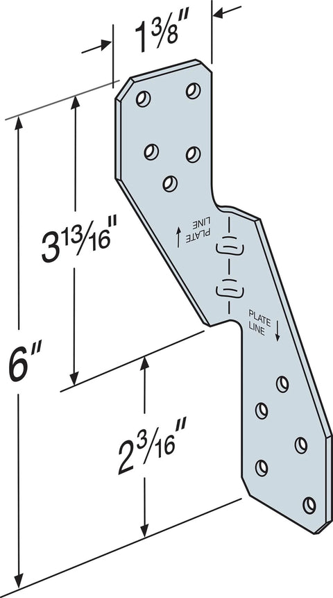 Diagram of Hurricane Tie H2.5A 18 Gauge Galvanized Structural Tie with embossed bend lines and arrow indicator, dimensions shown.