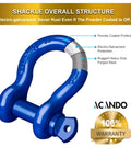 Infographic showing Three Quarter Bow Shackle Set Heavy Duty Forged Steel Off Road Shackles Blue Powder Coated with warranty badge.