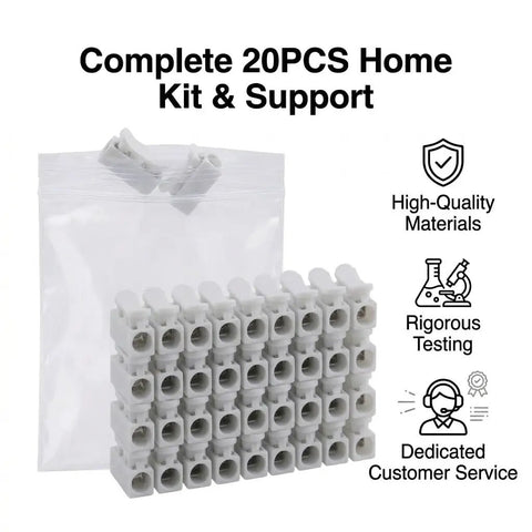 No Sweat Quick Connect Wire Terminal Blocks Two Way Solderless Push In Cable Connectors Rated At 10 Amps For 110 To 240 Volt Systems Bright White Finish, 20-piece kit.