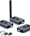 Upgraded Wireless HDMI Transmitter and Two Receivers With LED Screen, showing three units and HDMI cables in grey.