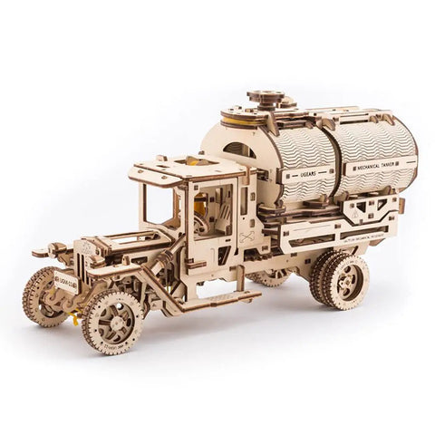 Hard 742 Piece Truck And Additions Mechanical Model Kit For Adults Featuring Tanker, Fire Ladder, And Trailer Components, plywood truck model shown angled