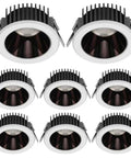 Eight Pack Top Notch Anti Fog Downlights Adjustable Angle Recessed Ceiling Spotlights Featuring Dimmable 24 Watt Bulbs in black and white design.
