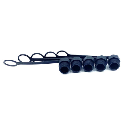 Five Piece M12 Connector Dust Covers For Female Sockets Protective Caps Black Plastic shown in a row on white background