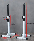 Heavy Duty Dip Stand and Barbell Rack for Home Gym with adjustable height measurements in a stable steel frame