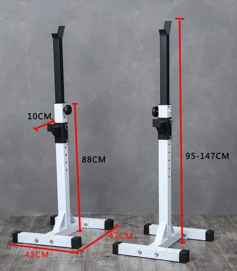 Heavy Duty Dip Stand and Barbell Rack for Home Gym with adjustable height measurements in a stable steel frame