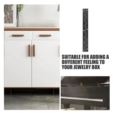 Concealed Stainless Steel Door Hinge Set 1 Piece For Jewelry Cases And Cabinets with black satin finish, shown with cabinet and piano.